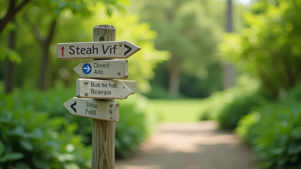 Close-up of directional sign and wayfinding markers on botanical garden path with clear navigation information