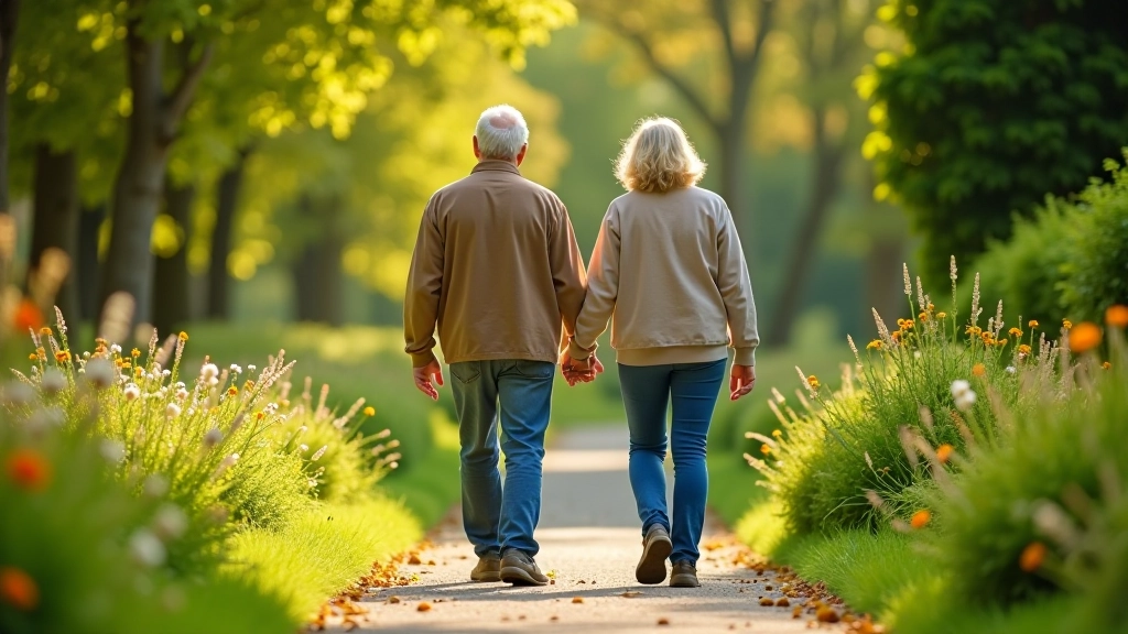 Senior visitors walking together on garden path with walking aids, enjoying nature in outdoor botanical setting