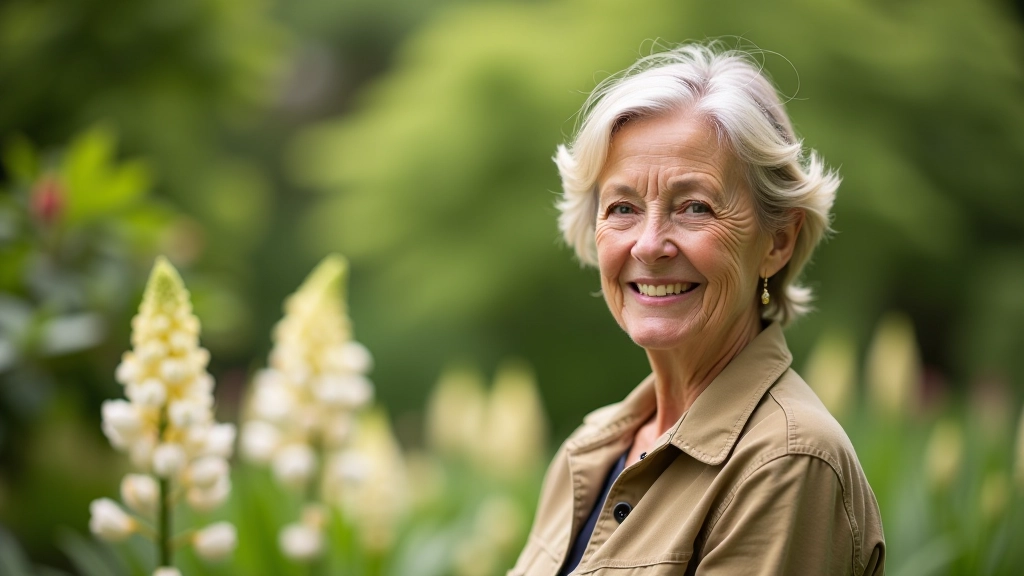 Senior woman with walking cane pausing on garden pathway, smiling, surrounded by blooming flowers and green garden landscape